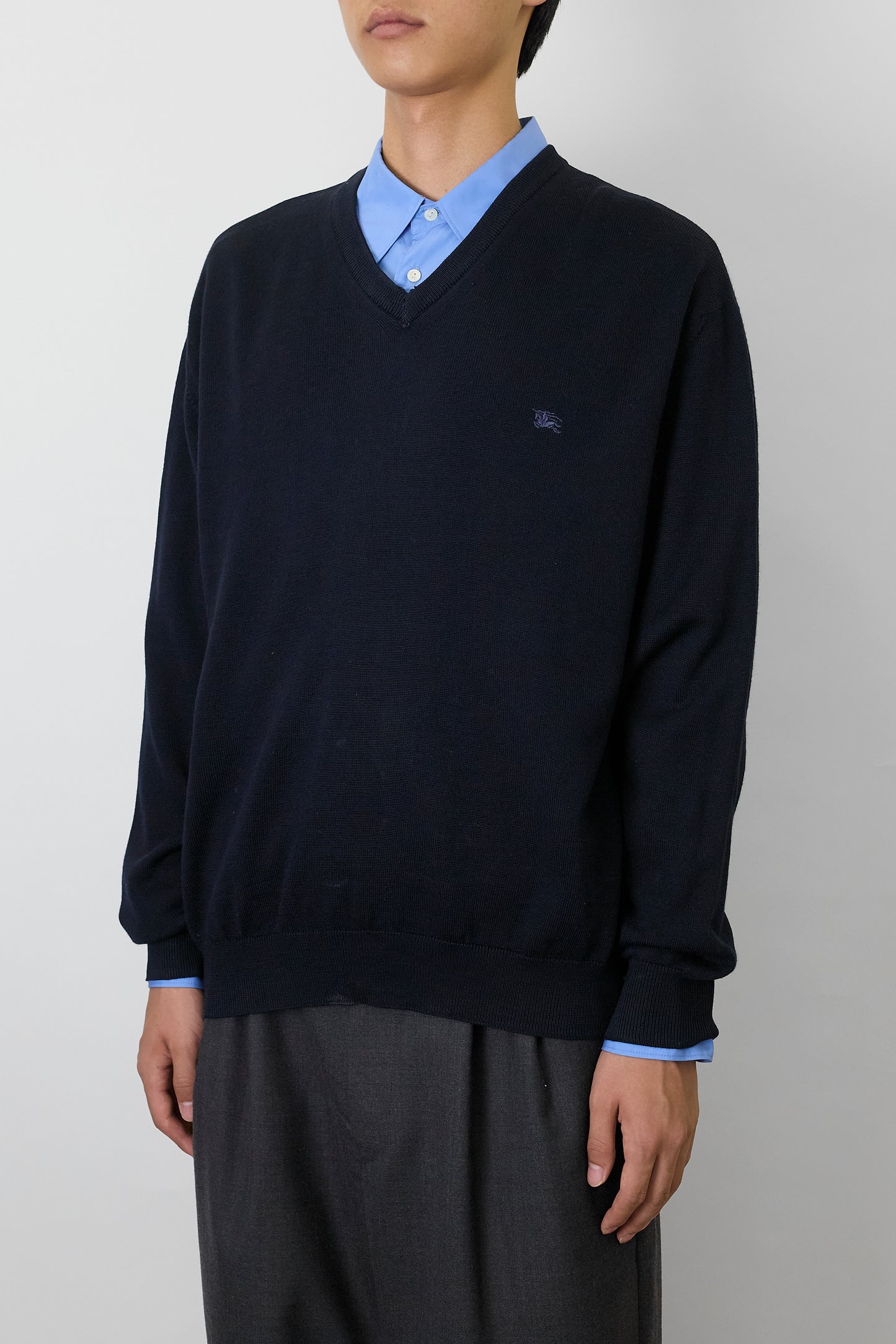 BURBERRY NAVY WOOL V NECK KNIT MADE IN SPAIN