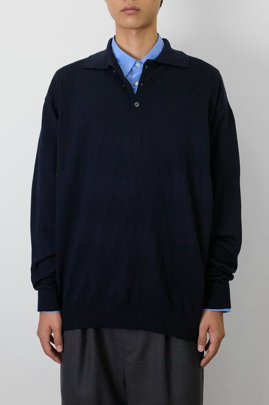 VINTAGE NAVY WOOL KNIT POLO SHIRT MADE IN SPAIN