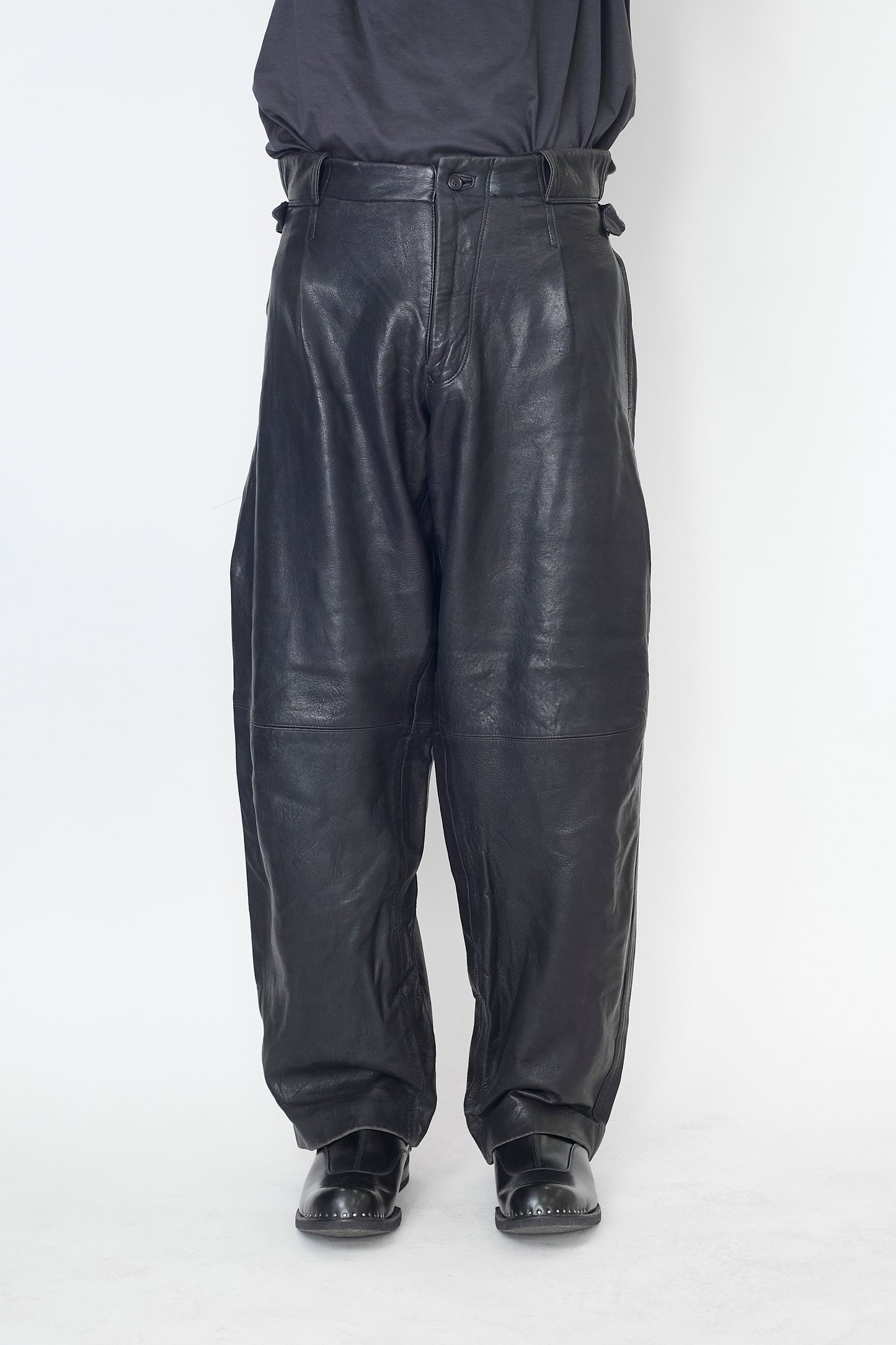 ISSEY MIYAKE MEN BLACK LEATHER WIDE PANTS