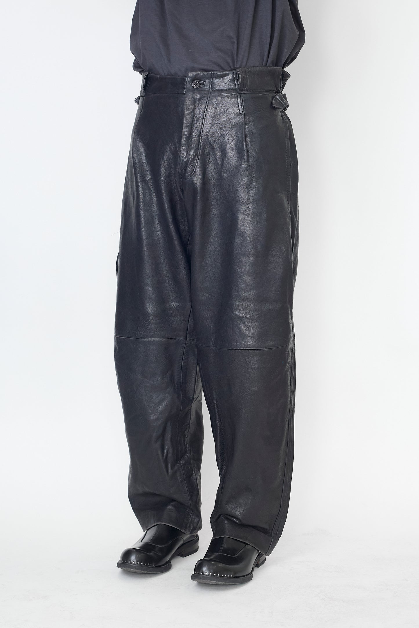 ISSEY MIYAKE MEN BLACK LEATHER WIDE PANTS