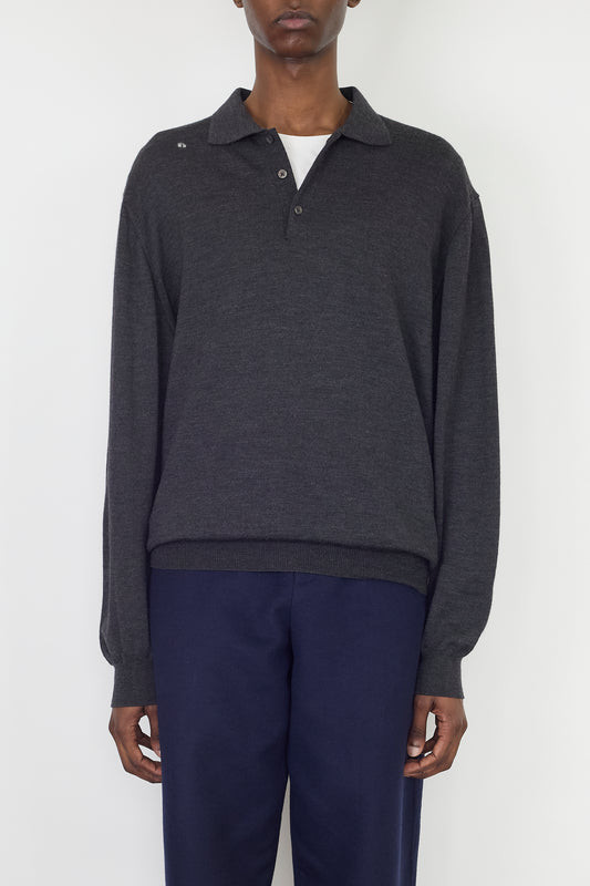 NORDSTROM GRAY WOOL KNIT POLO SHIRT MADE IN ITALY