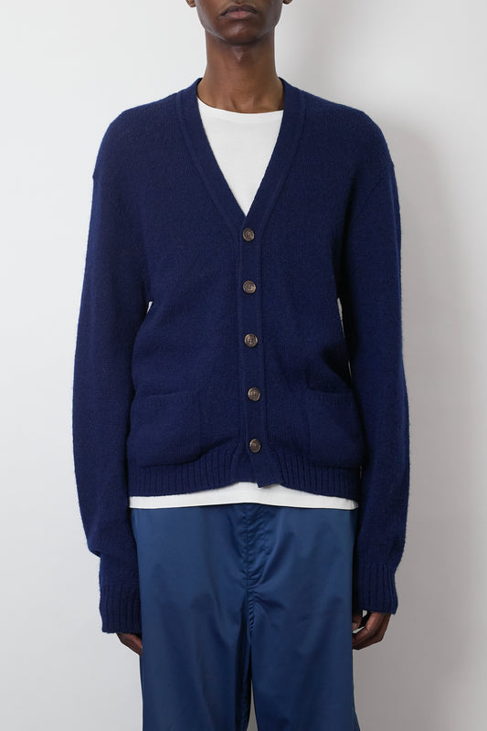 VINTAGE NAVY WOOL KNIT CARDIGAN MADE IN USA