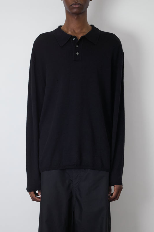 VINTAGE BLACK WOOL KNIT POLO SHIRT MADE IN UK