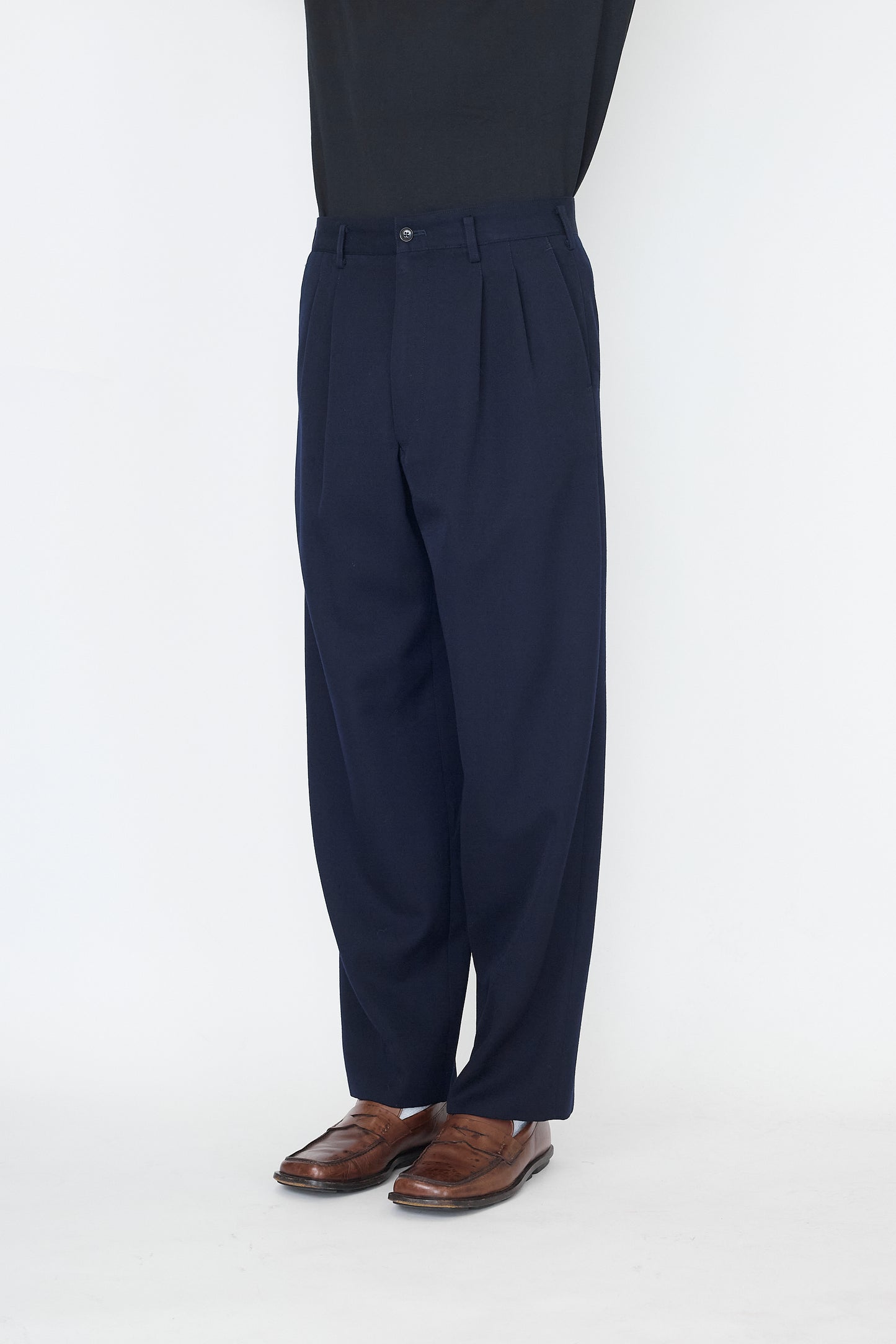 Y'S FOR MEN NAVY WOOL GABARDINE WIDE PANTS