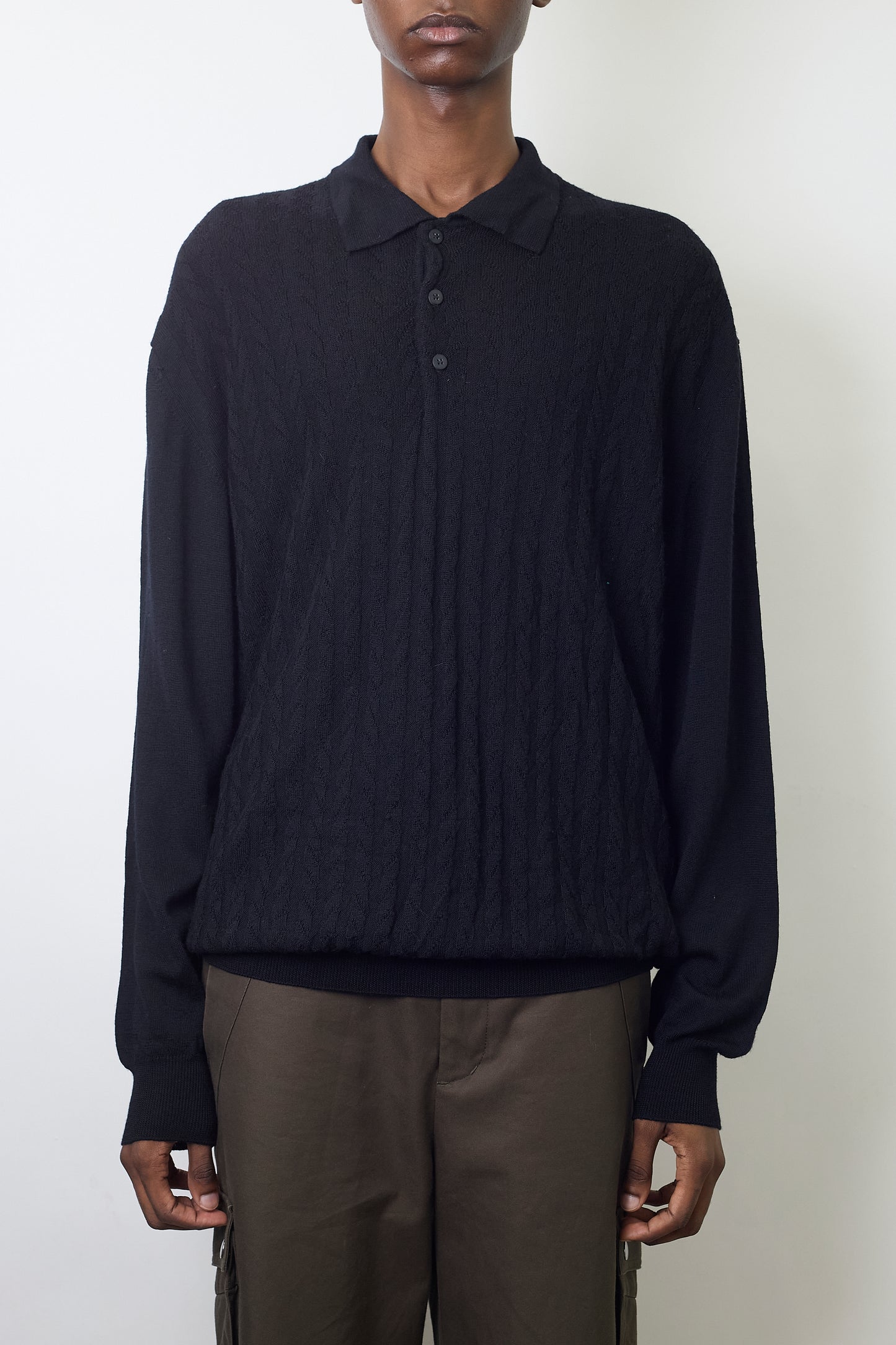 VINTAGE BLACK WOOL KNIT POLO SHIRT MADE IN ITALY