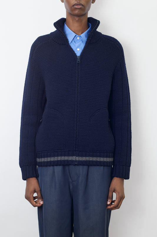 GUCCI NAVY WOOL ZIP UP KNIT JACKET MADE IN ITALY