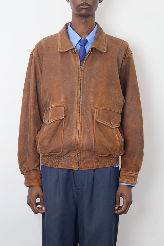 VINTAGE BROWN LEATHER BOMBER JACKET