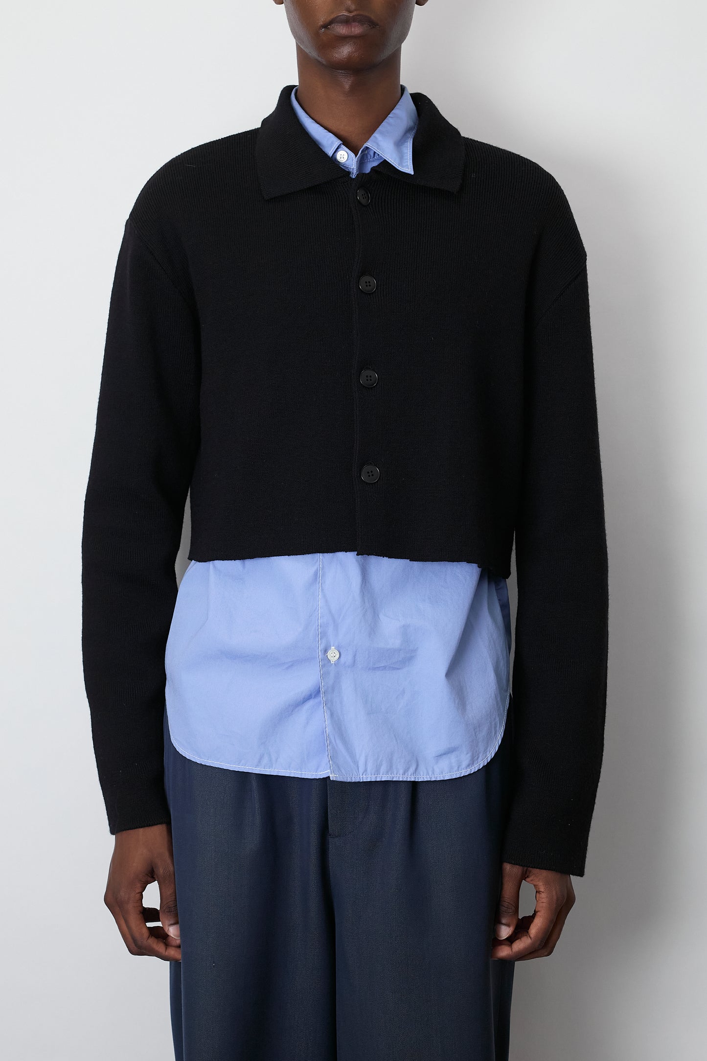 AGNES B. HOMME BLACK WOOL SHORT KNIT SHIRT MADE IN FRANCE