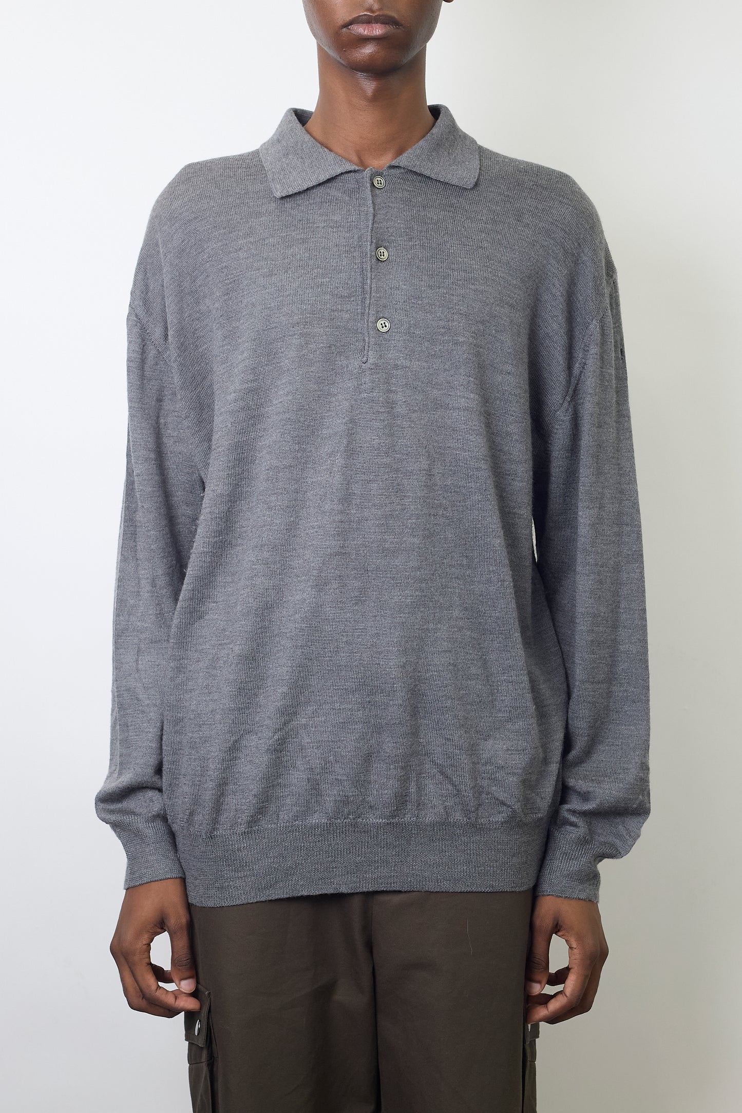 VINTAGE GRAY WOOL KNIT POLO SHIRT MADE IN ITALY